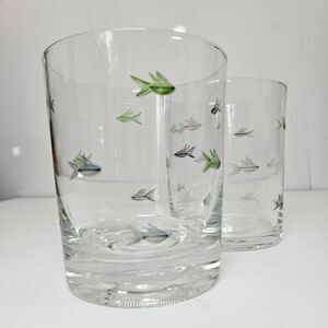 Vtg Old Fashion Drinking  Glasses school if Fish Blue Etched High Ball Set of 2